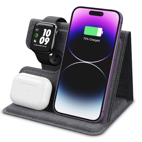 2024 New Product Full PU Leather 3 in 1 Wireless Charger Stand for iPhone, AirPods, iWatch, Cellphones/Earbuds with wireless charging function, 18W high power, Efficient induction, Intelligent indicator light, Double coil, Type-C input port