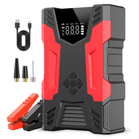 Car Jump Starter with Air Compressor, 3000A Peak Portable Battery, Built-in Air compressor and air hose, 150PSI Tire Inflator, Up to 7.0L Gas/5.0L Diesel, USB QC 3.0, 10000mAh, LED Flashlight, Power Bank, UL 2743 Certified, Suitable for 12V Car Battery