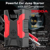 Car Jump Starter with Air Compressor, 3000A Peak Portable Battery, Built-in Air compressor and air hose, 150PSI Tire Inflator, Up to 7.0L Gas/5.0L Diesel, USB QC 3.0, 10000mAh, LED Flashlight, Power Bank, UL 2743 Certified, Suitable for 12V Car Battery