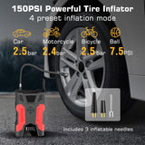 Car Jump Starter with Air Compressor, 3000A Peak Portable Battery, Built-in Air compressor and air hose, 150PSI Tire Inflator, Up to 7.0L Gas/5.0L Diesel, USB QC 3.0, 10000mAh, LED Flashlight, Power Bank, UL 2743 Certified, Suitable for 12V Car Battery