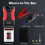 Car Jump Starter with Air Compressor, 3000A Peak Portable Battery, Built-in Air compressor and air hose, 150PSI Tire Inflator, Up to 7.0L Gas/5.0L Diesel, USB QC 3.0, 10000mAh, LED Flashlight, Power Bank, UL 2743 Certified, Suitable for 12V Car Battery