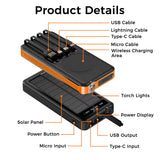 Outdoor Solar Portable Power Bank with Wireless Charging, Built-in 4 Cables, 10000mAh Battery, IP65 Waterproof, Dustproof,  Digital Display power, LED Flashlight, High Conversion efficiency