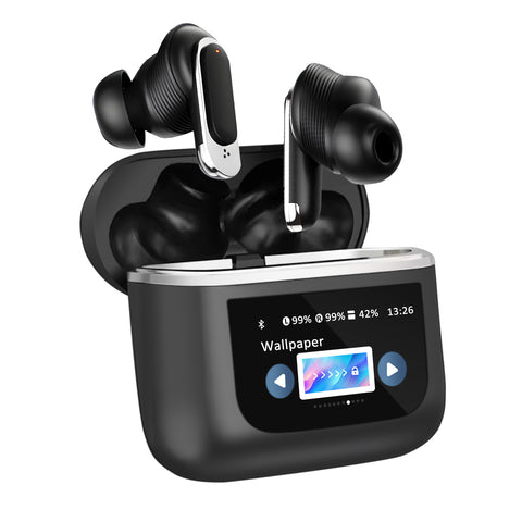 Wireless Earbudswith LCD Full-color Touch Screen, 5.3 Bluetooth Headphone, True Wireless Noise Cancelling, 1.47inch Screen, 32H Playback, IP4 Waterproof, Lightweight, ANC & Transparency Mode, 450mAh Battery Wireless Charging Case