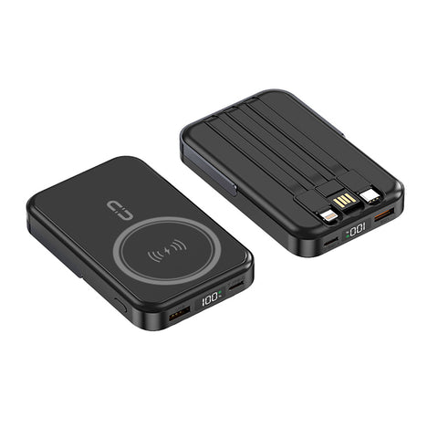 10000mAh Magnetic Power Bank w/ Stand- 3 Built-in Cables & Wireless Charging