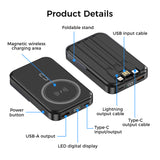 10000mAh Magnetic Power Bank w/ Stand- 3 Built-in Cables & Wireless Charging