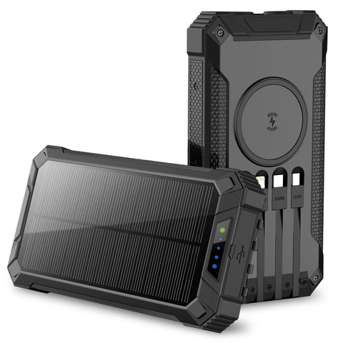 Outdoor Solar Portable Power Bank with Wireless Charging, Built-in 4 Cables, 20000mAh Battery, IP65 Waterproof, Dustproof, Digital Display power, Dual LED Flashlight, High Conversion efficiency