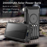 Outdoor Solar Portable Power Bank with Wireless Charging, Built-in 4 Cables, 20000mAh Battery, IP65 Waterproof, Dustproof, Digital Display power, Dual LED Flashlight, High Conversion efficiency