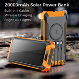 Outdoor Solar Portable Power Bank with Wireless Charging, Built-in 4 Cables, 20000mAh Battery, IP65 Waterproof, Dustproof, Digital Display power, Dual LED Flashlight, High Conversion efficiency