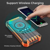 Outdoor Solar Portable Power Bank with Wireless Charging, Built-in 4 Cables, 20000mAh Battery, IP65 Waterproof, Dustproof, Digital Display power, Dual LED Flashlight, High Conversion efficiency