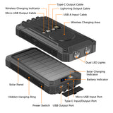 Outdoor Solar Portable Power Bank with Wireless Charging, Built-in 4 Cables, 20000mAh Battery, IP65 Waterproof, Dustproof, Digital Display power, Dual LED Flashlight, High Conversion efficiency