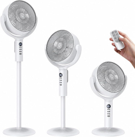 Cordless Floor Fan: 12000mAh Battery, Remote, 3D Oscillating, 8 Speeds - White