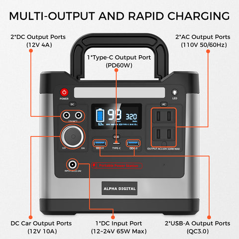alpha rechargable flashlight phone charger ALPHA DIGITAL 320W Outdoor Portable Power Station, 298Wh/93120mAh, LiF – Sungale E-Store