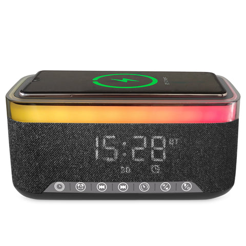 10W Bluetooth Stereo Speaker-Alarm Clock, Wireless Charging, RGB light
