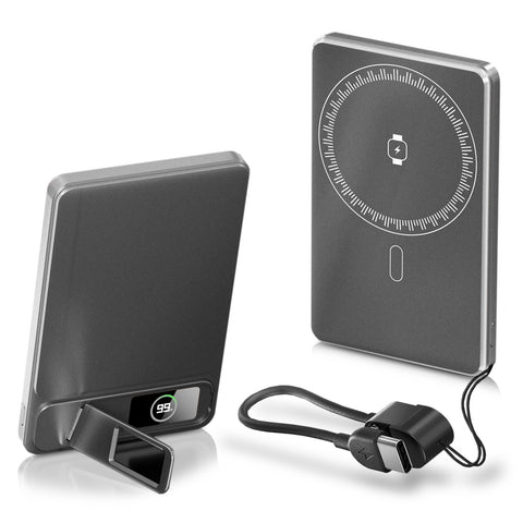 Ultra-thin Magnetic Power Bank, 5000mAh capacity – Type-C USB PD20W fast charge and 15W wireless - foldable stand and LED Display