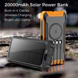 Outdoor Solar Portable Power Bank with Wireless Charging, Built-in 4 Cables, 20000mAh Battery, IP65 Waterproof, Dustproof, Digital Display power, Dual LED Flashlight, High Conversion efficiency