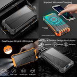 Outdoor Solar Portable Power Bank with Wireless Charging, Built-in 4 Cables, 20000mAh Battery, IP65 Waterproof, Dustproof, Digital Display power, Dual LED Flashlight, High Conversion efficiency